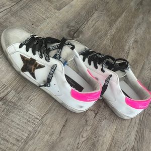 Barely worn golden goose sneaker with leopard print star and pink heal